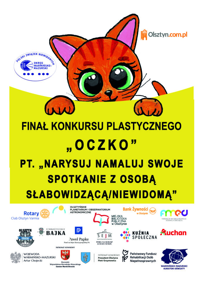 Plakat informacyjny o podsumowaniu konkursu plastycznego "OCZKO"  na dole logotypy instytucji wspierających działanie